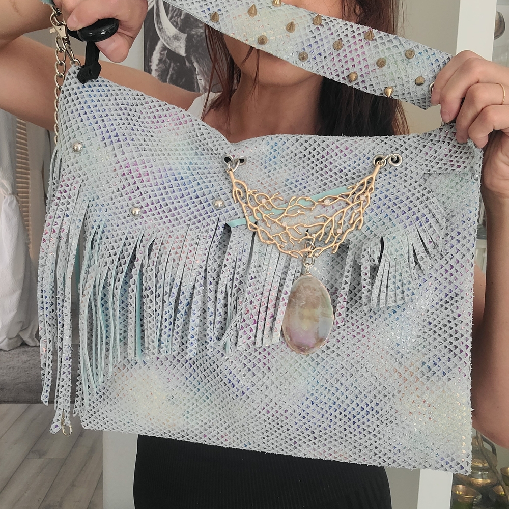 Fringed Iridescent Shoulder Bag with Gem Accent